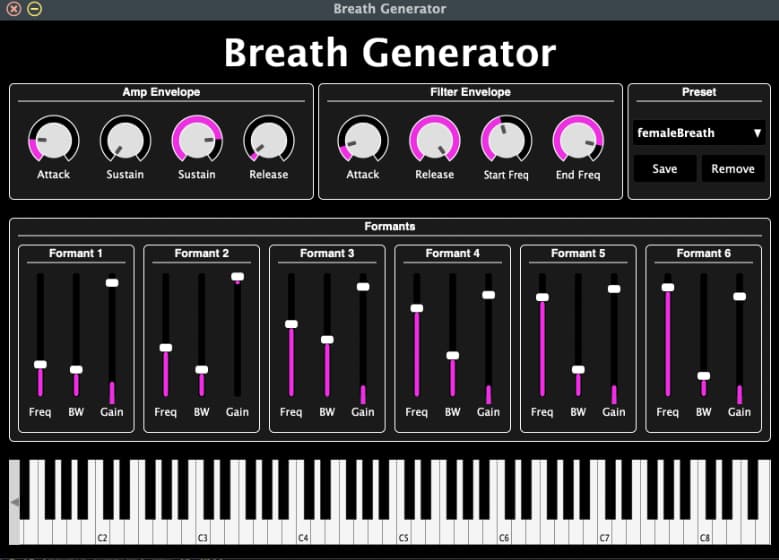 Cabbage Breath Generator plugin with femaleBreath preset loaded
